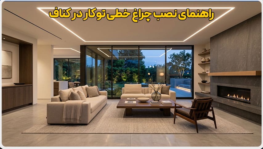 نمای نهایی اجرای چراغ خطی توکار مدرن در سقف کناف پذیرایی