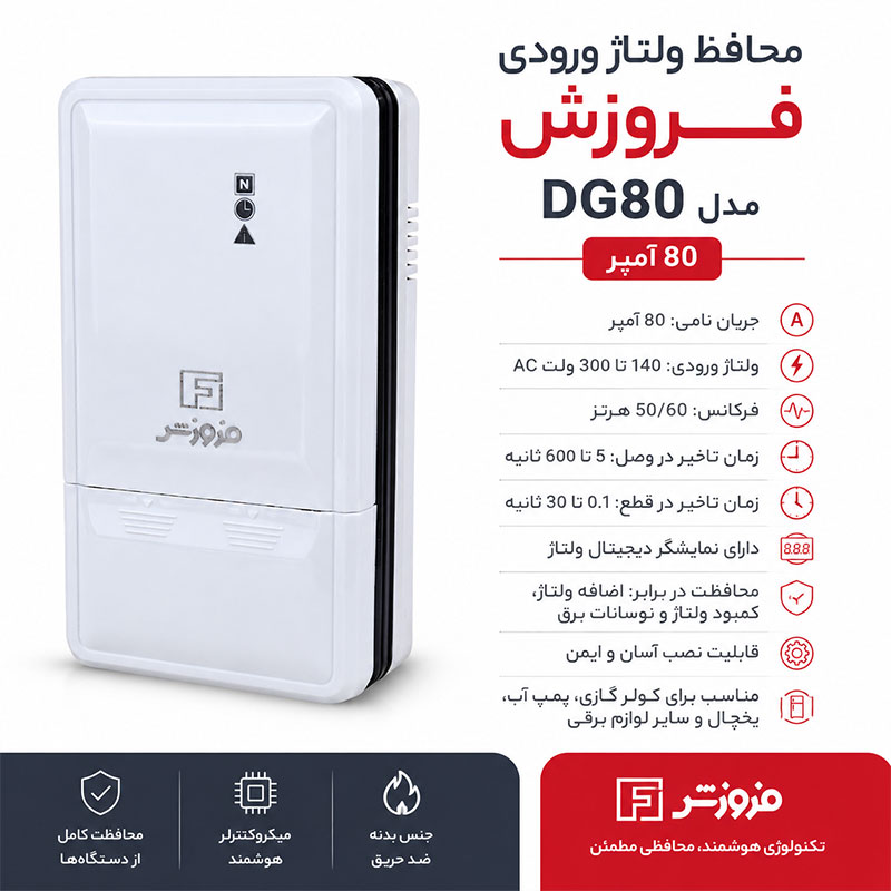 محافظ ولتاژ ورودی 80 آمپر دیجیتال فروزشDG80 | قیمت و مشخصات 1 محافظ ولتاژ ورودی 80 آمپر دیجیتال فروزشDG80 قیمت و مشخصات
